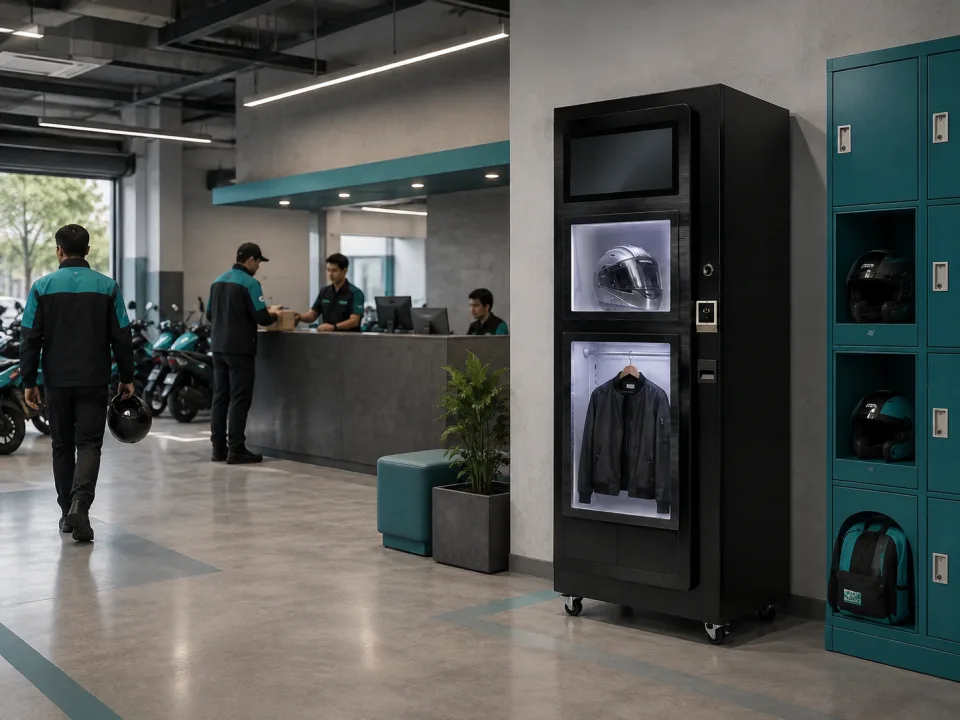 Helmet cleaning cabinet at a courier operations campus