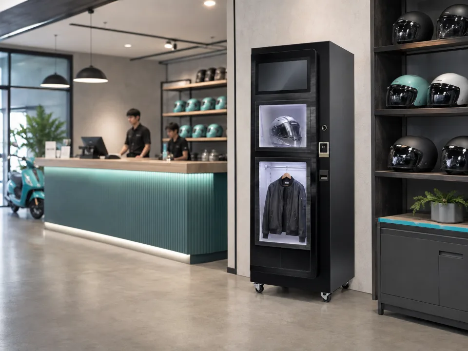 Helmet cleaning cabinet beside a shared-helmet rental counter