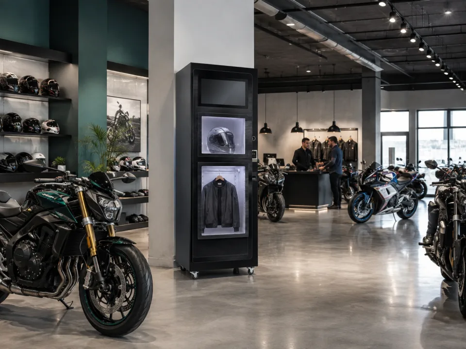Helmet cleaning cabinet in a motorcycle retail showroom